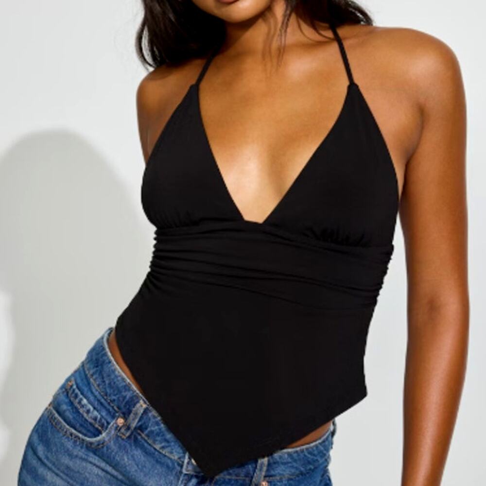 Garage Plunge Halter Hankerchief Top Jet Black Size XS